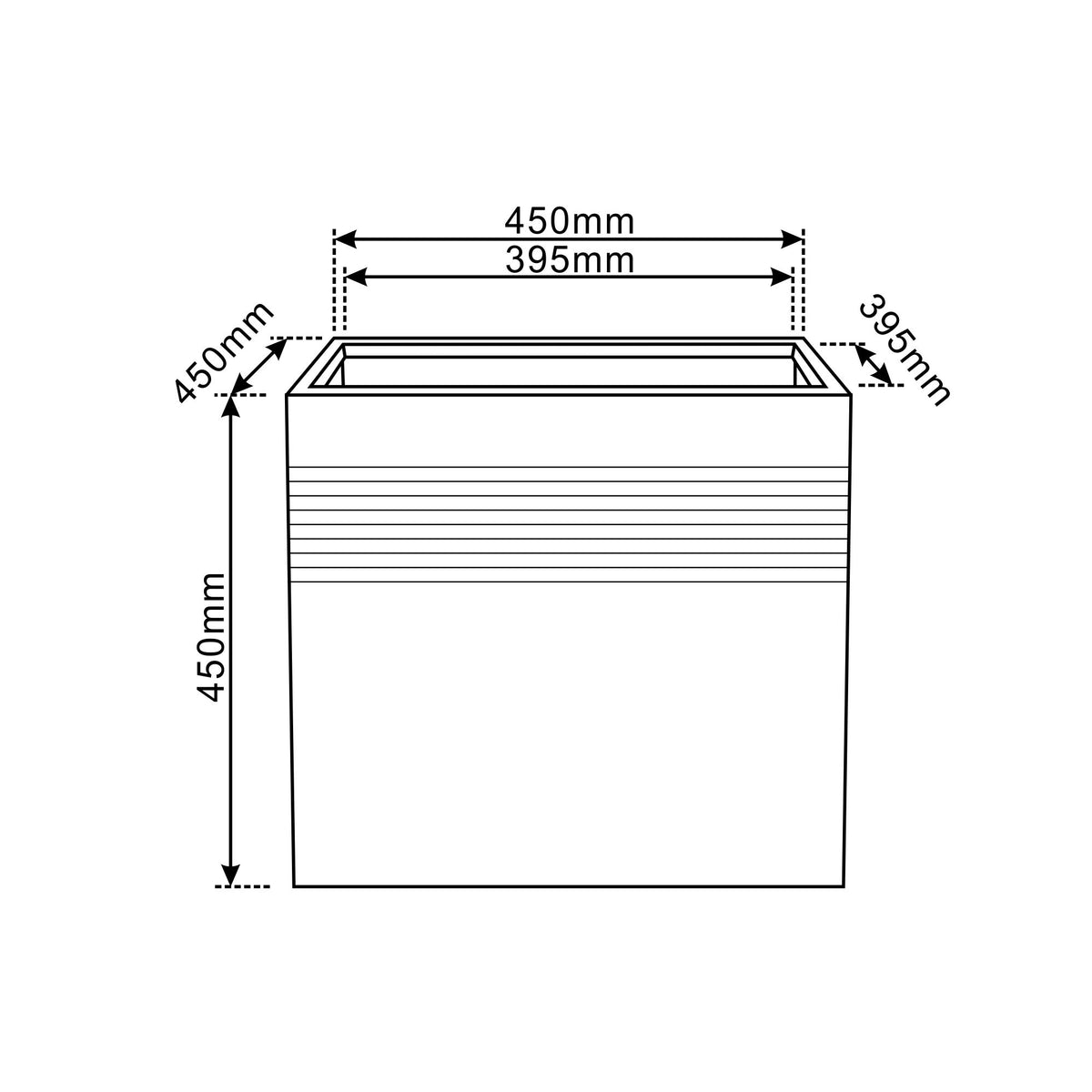Pre-drilled Spirit rectangular cachepot Dark Grey in fibre concrete, dimensioned front diagram