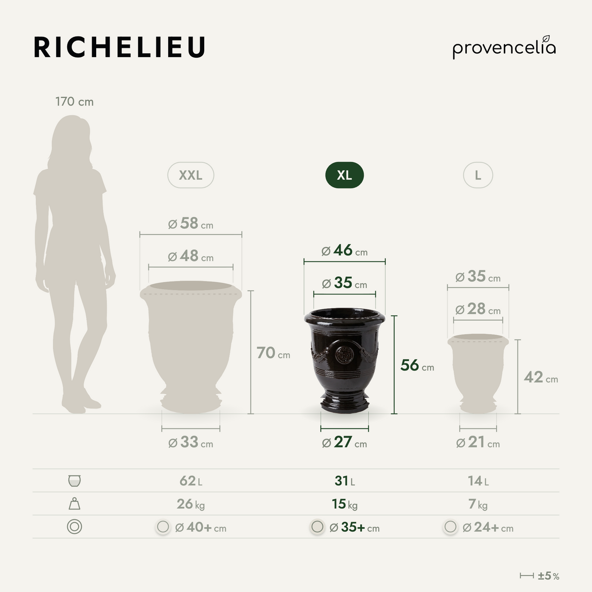 Plantenbak RICHELIEU met voet 46x56 cm zwart van geglazuurd keramiek, vooraanzicht met afmetingen