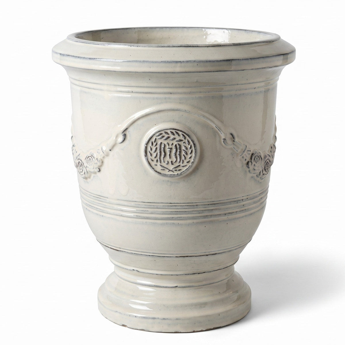 Pot Richelieu avec pied 46x56 cm crème en terre cuite émaillée, vue de face sur fond blanc