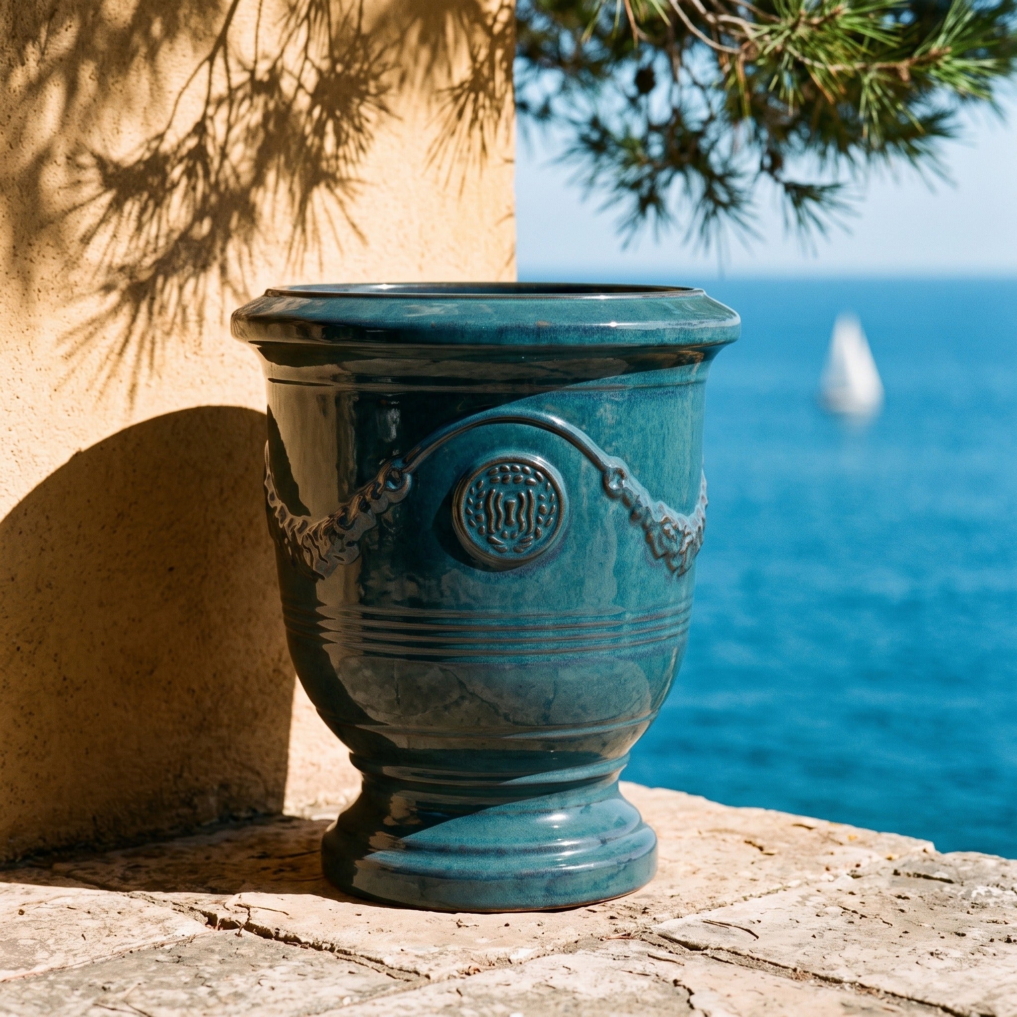 Provencelia RICHELIEU – glazed ceramic outdoor planter, Tropical Lagoon, XL 46 × 56 cm