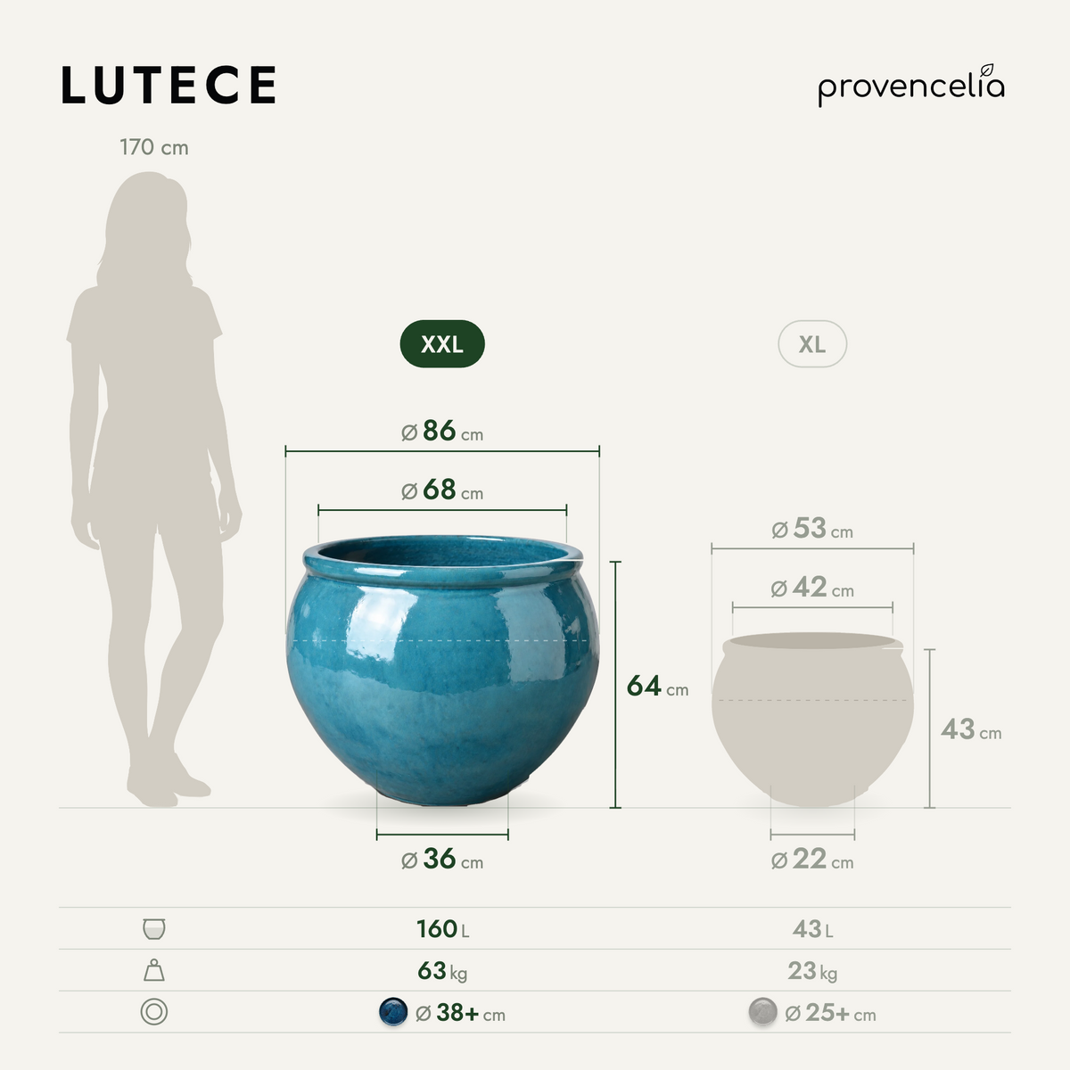 Ronde plantenbak LUTECE 86x64 cm Caribisch blauw van geglazuurd keramiek, maattekening XXL en XL