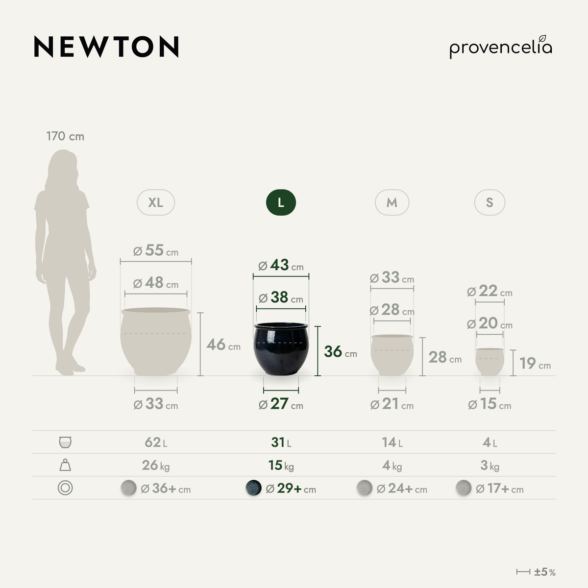 Vaso NEWTON rotondo 44x35 cm Blu abisso in ceramica smaltata, schema delle dimensioni e delle misure