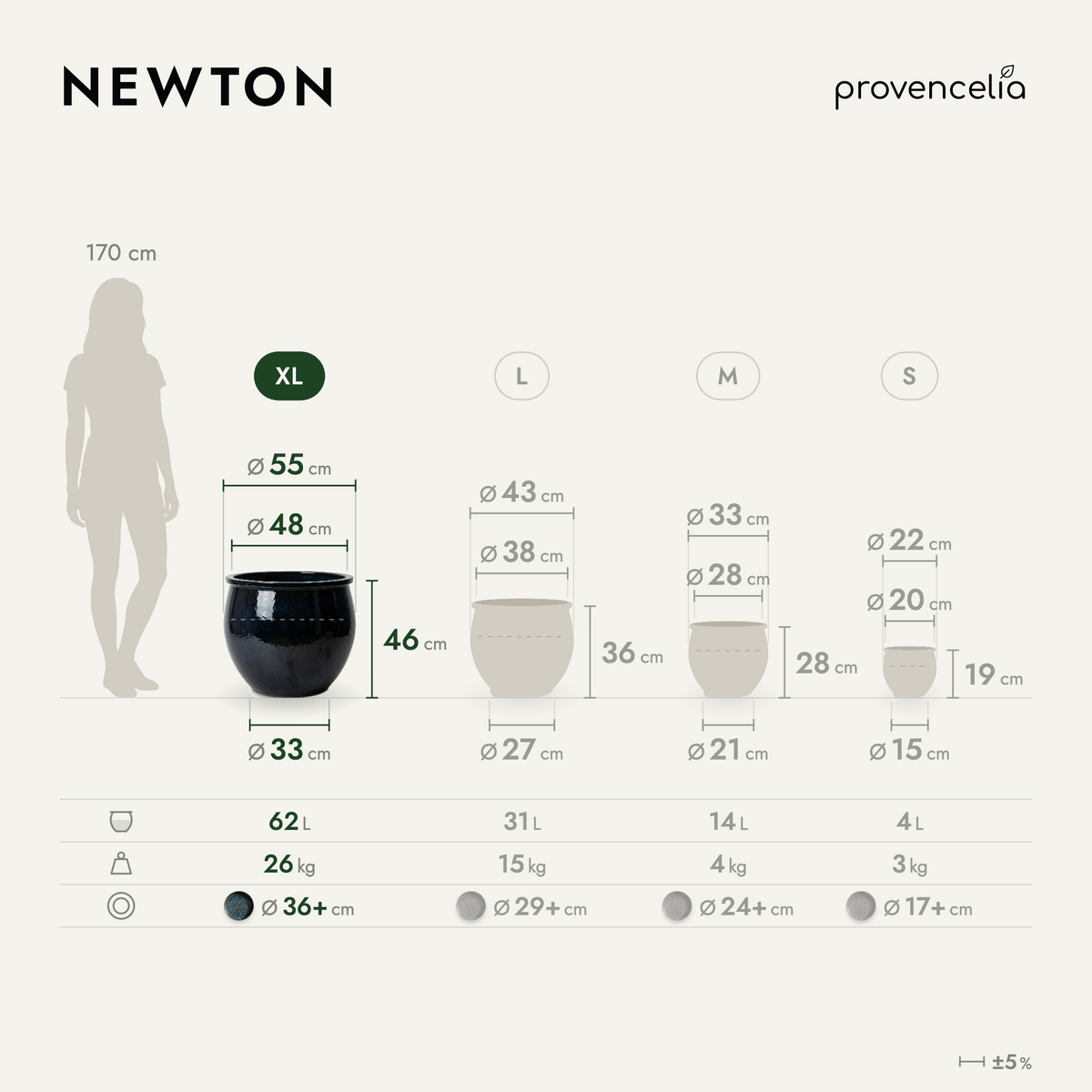 Pot NEWTON rond 55x46 cm bleu abysse en terre cuite émaillée, vue de face avec dimensions