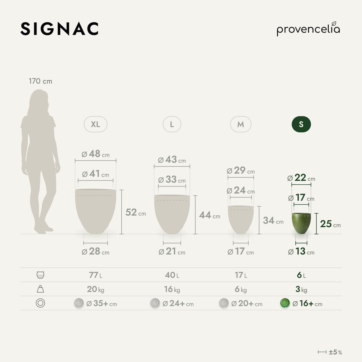 Decorative SIGNAC planter 22x25 cm Apple green glazed ceramic, dimensions diagram