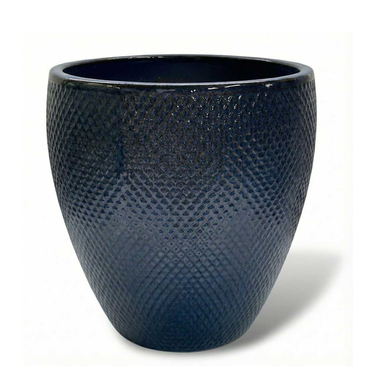 Pot Signac décoratif 38x44 cm bleu antique en terre cuite émaillée, vue de face sur fond blanc