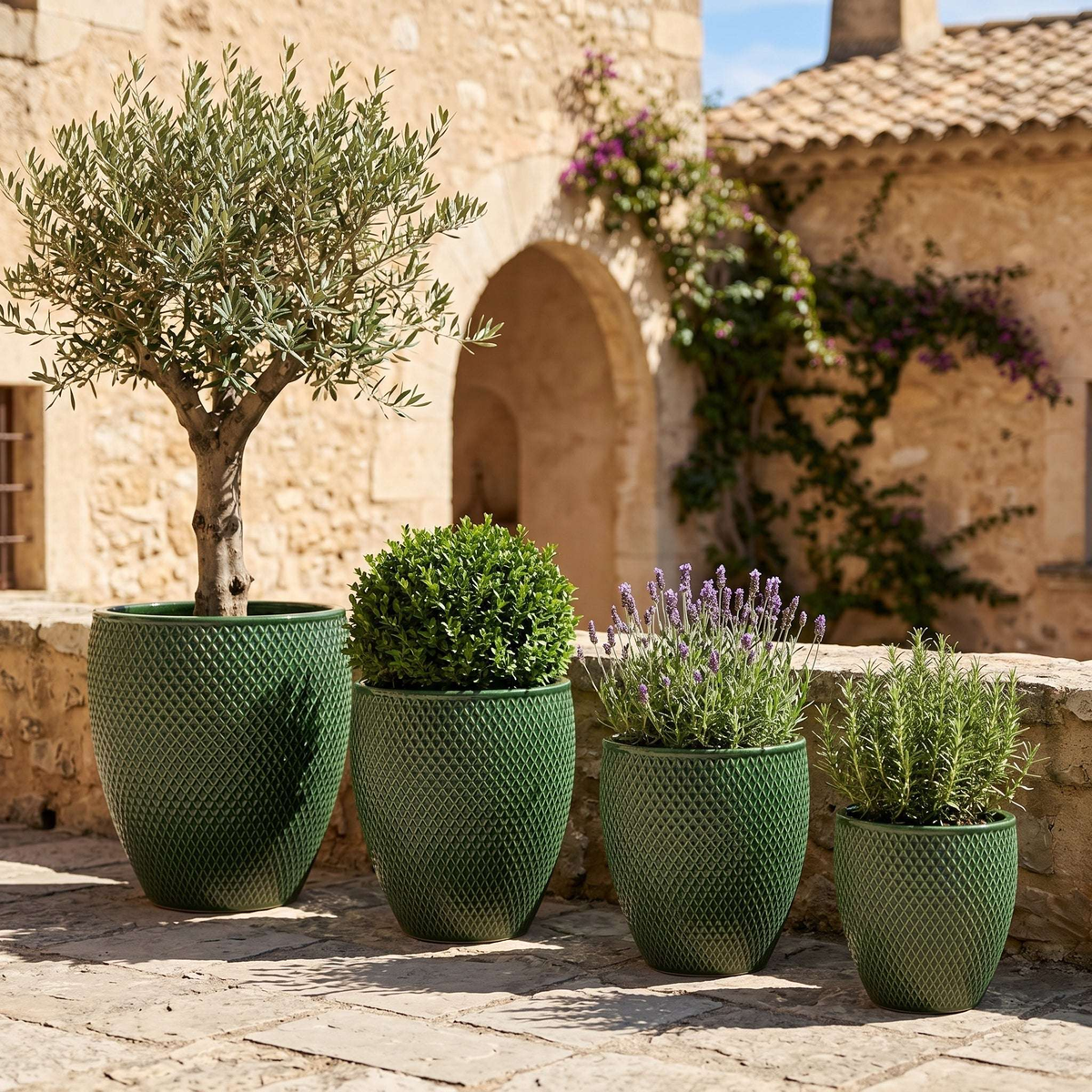 Decorative Signac planter 38x44 cm jungle green glazed ceramic, with olive tree and lavender on terrace