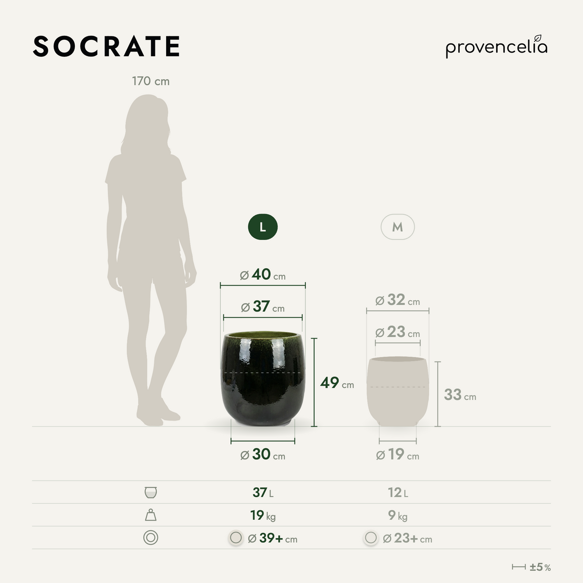 Vaso SOCRATE rotondo 40x49 cm nero e verde in ceramica smaltata, schema delle dimensioni e delle misure