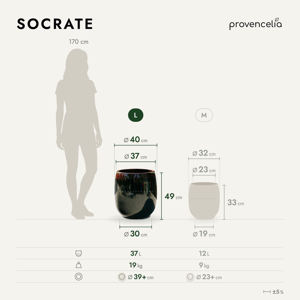 Round SOCRATE planter 40 × 49 cm Black and red in glazed ceramic, dimensions and volumes diagram