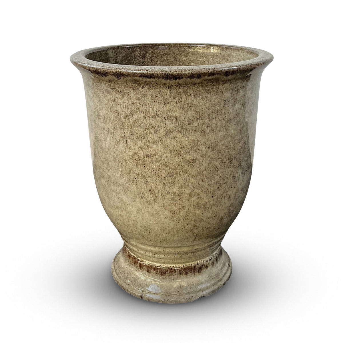 Tiger-striped White glazed ceramic Arthur planter with stand, front view against a white background