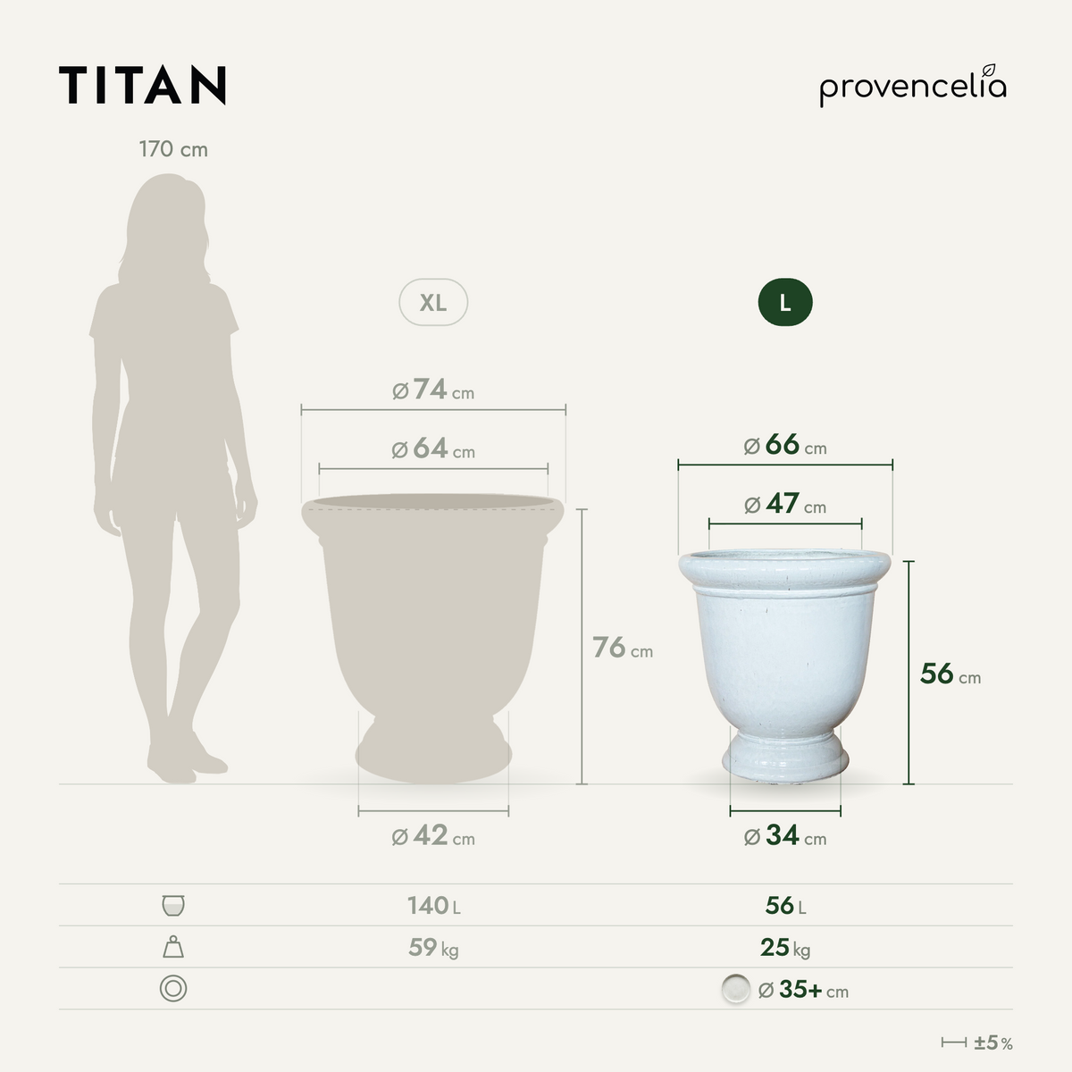 Vaso TITAN 53x55 cm crema in ceramica smaltata, confronto delle dimensioni XL e L