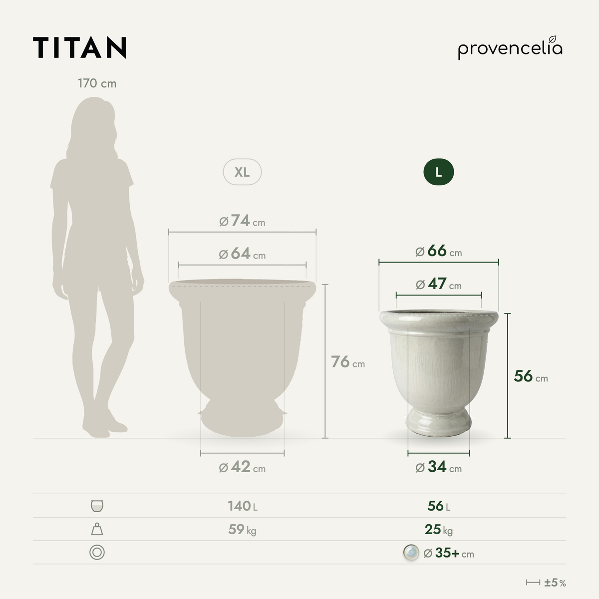 Vaso TITAN 53x55 cm perla in ceramica smaltata, schema delle dimensioni del vaso