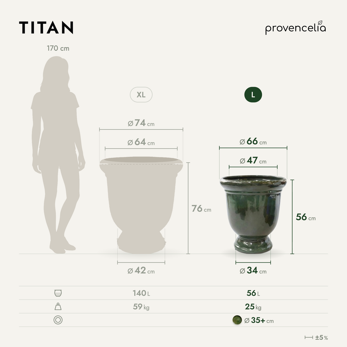 Vaso TITAN 53x55 cm verde tropicale in ceramica smaltata, vista frontale con schema delle dimensioni