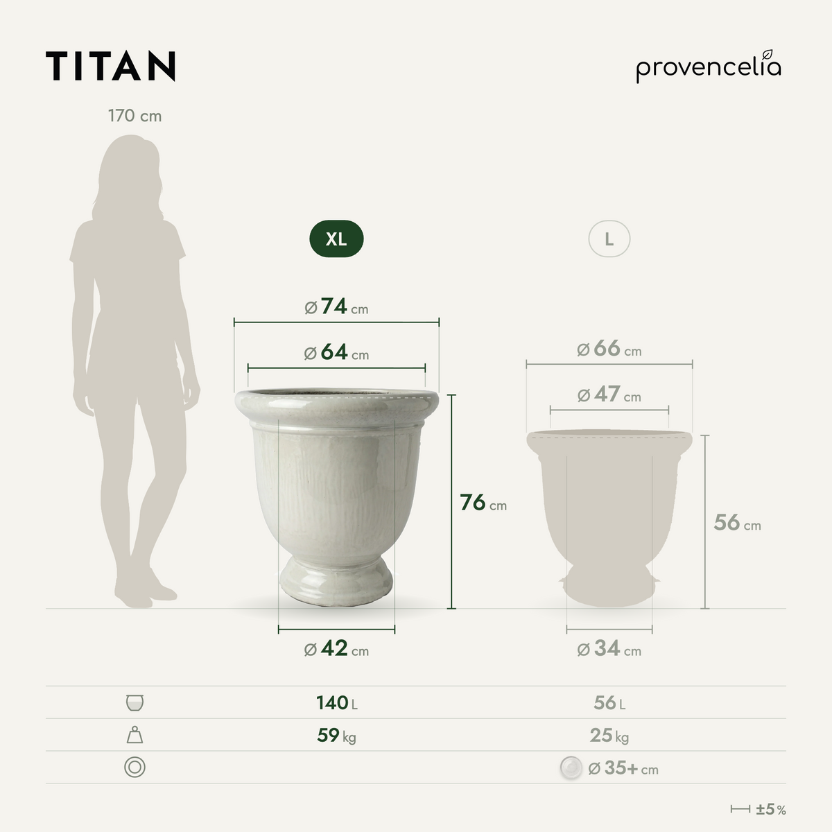 Planter TITAN 72x75 cm pearl in glazed ceramic, front view with dimensions diagram