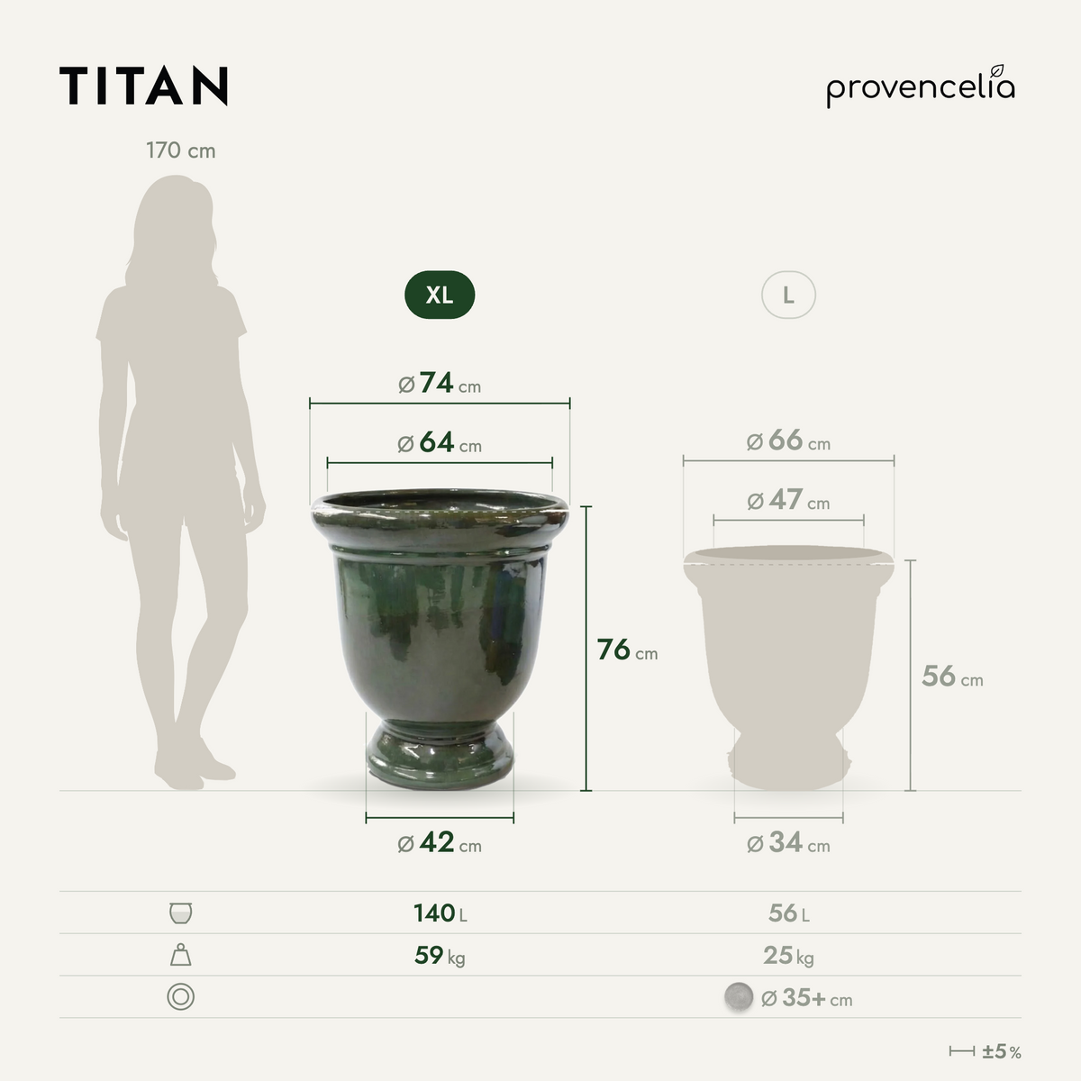 Planter TITAN 72x75 cm tropical green in glazed ceramic, XL and L dimensions diagram