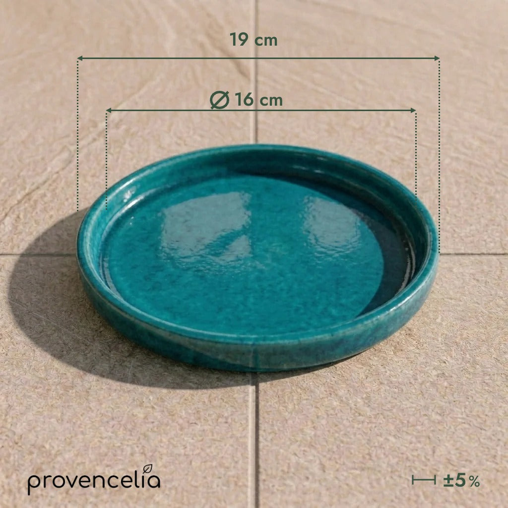 Platillo de 16 cm turquesa, vista superior con dimensiones