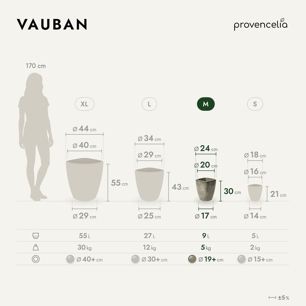VAUBAN rectangular planter 24x30 cm Tiger-striped White in glazed ceramic, dimensions and sizes diagram