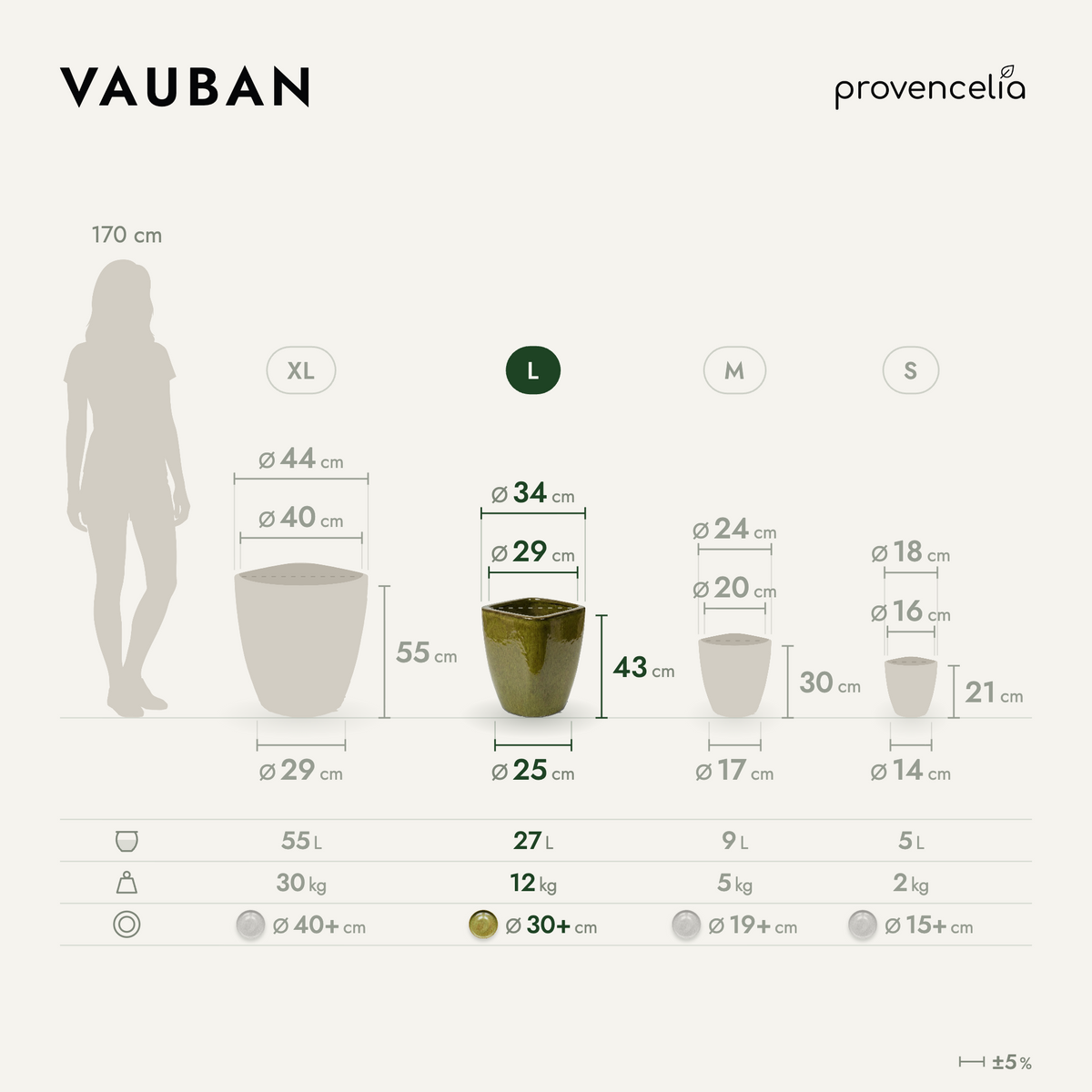 Rectangular planter VAUBAN 34x43 cm lake green in glazed ceramic, dimensions and sizes diagram