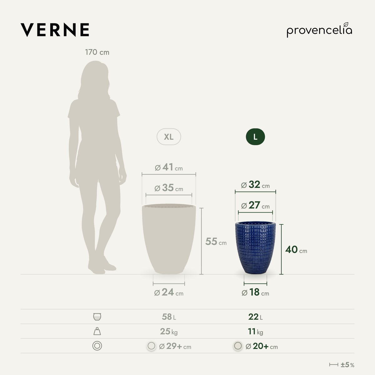 Vaso VERNE decorativo 32x40 cm blu cobalto in ceramica smaltata, schema delle dimensioni