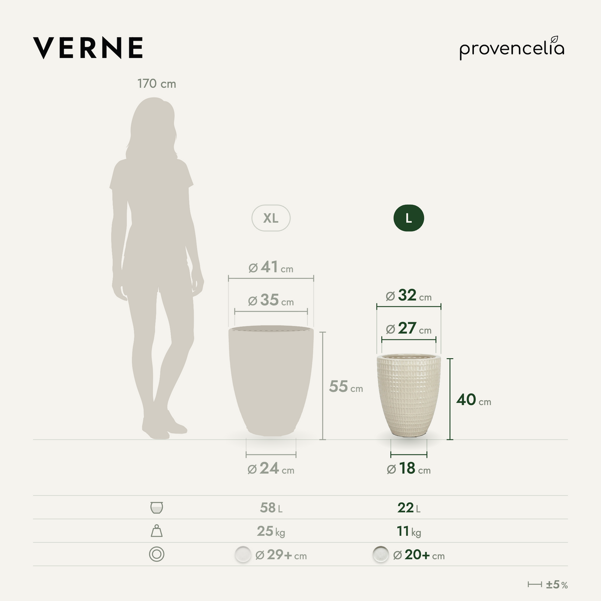 Vaso VERNE decorativo 32x40 cm crema in ceramica smaltata, schema delle dimensioni e capacità