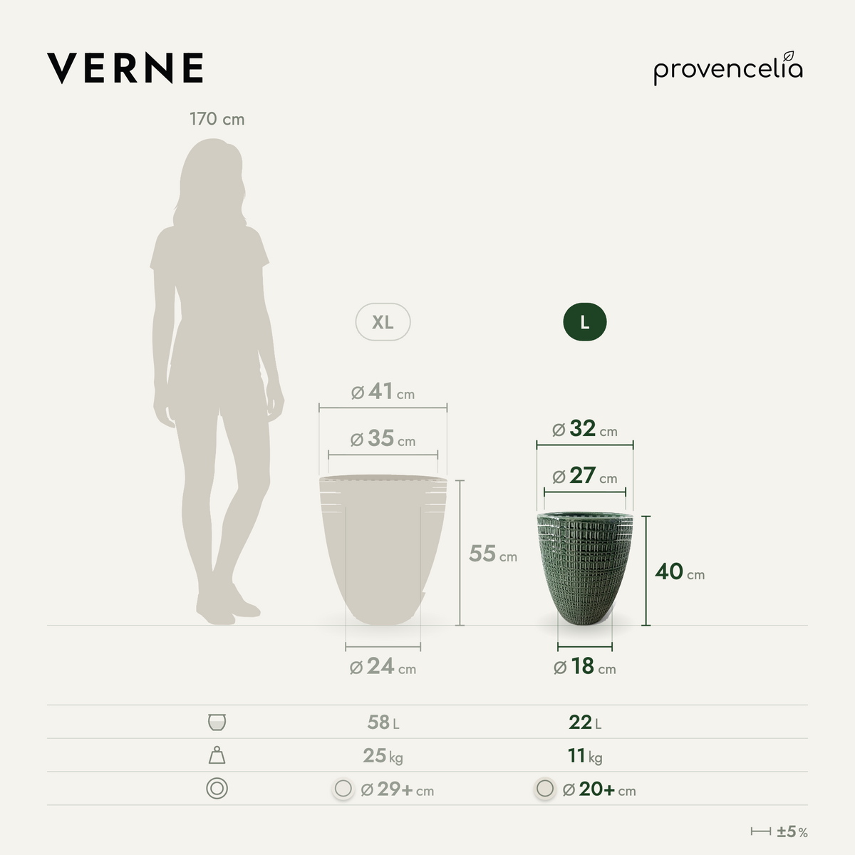 Vaso VERNE decorativo 32x40 cm verde giungla in ceramica smaltata, schema delle dimensioni taglia L
