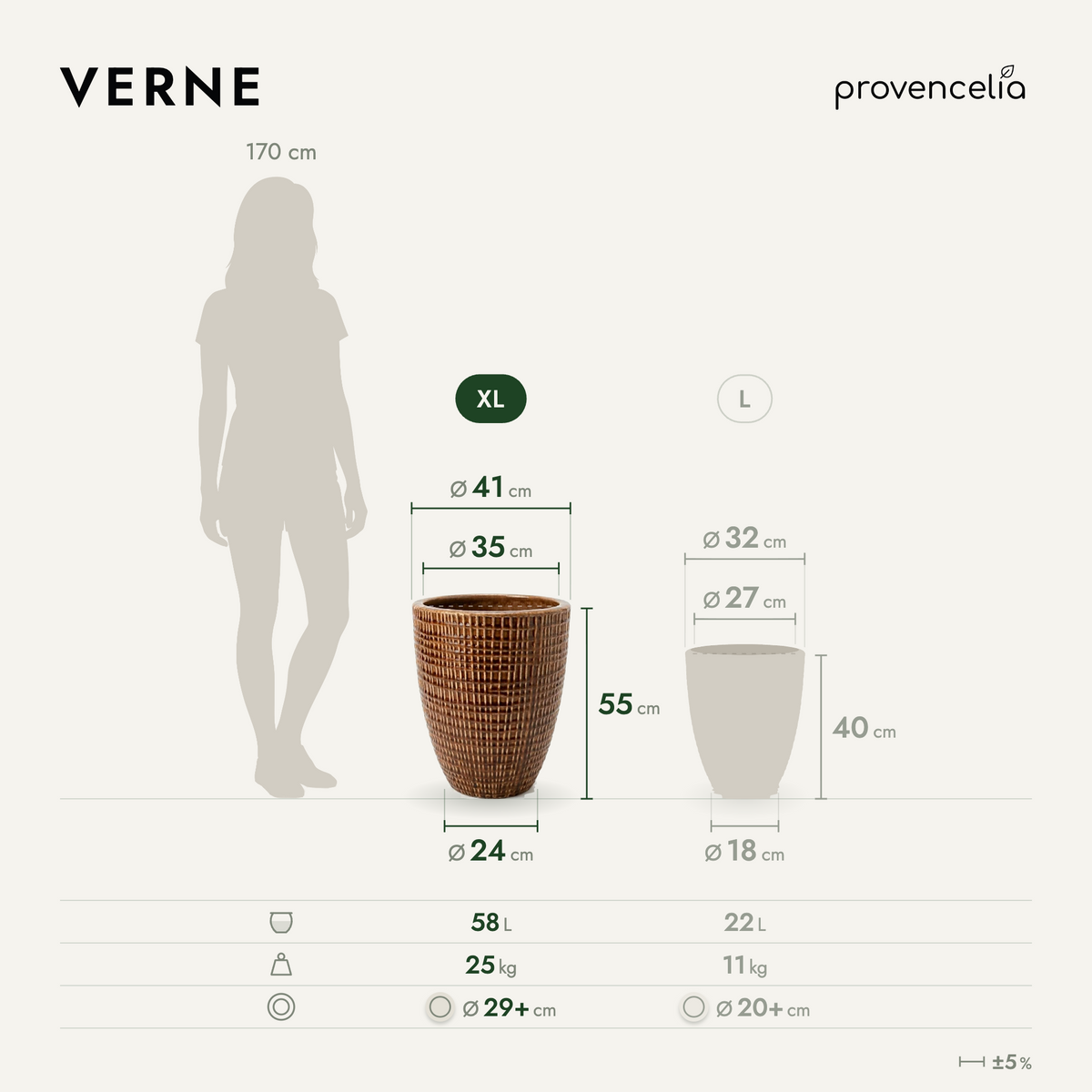 Vaso VERNE decorativo 41x55 cm corteccia in ceramica smaltata, schema delle dimensioni e capacità