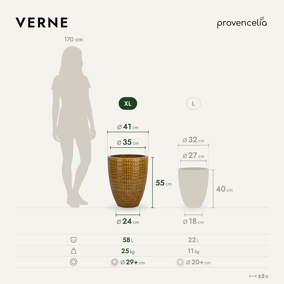 Vaso VERNE decorativo 41x55 cm miele in ceramica smaltata, vista frontale con dimensioni
