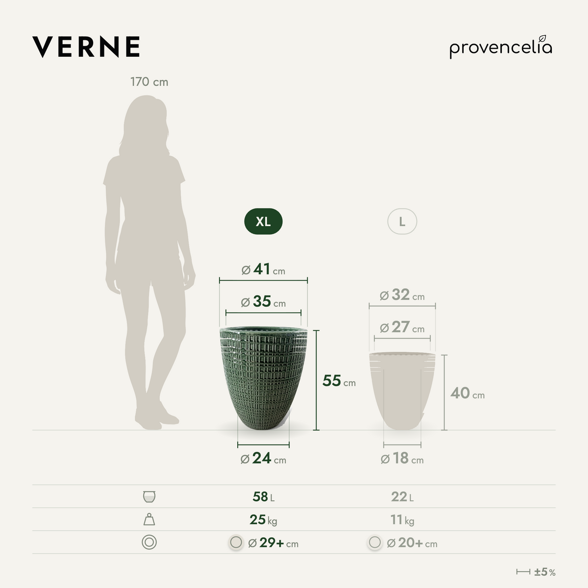 Vaso VERNE decorativo 41x55 cm verde giungla in ceramica smaltata, schema delle dimensioni e delle capacità