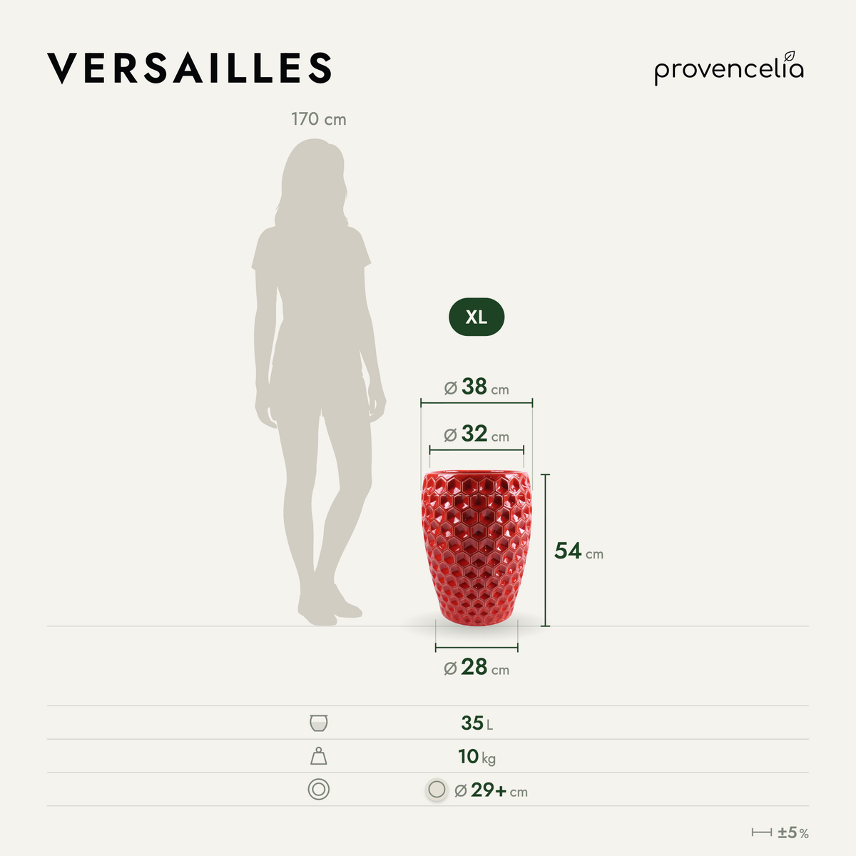 Decoratieve plantenbak VERSAILLES 38x54 cm rood van geglazuurd keramiek, maatschema