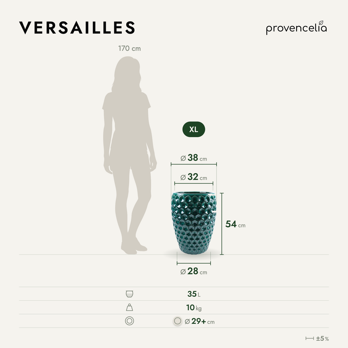 Pot VERSAILLES décoratif 38x54 cm vert forêt en terre cuite émaillée, schéma avec repères de dimensions