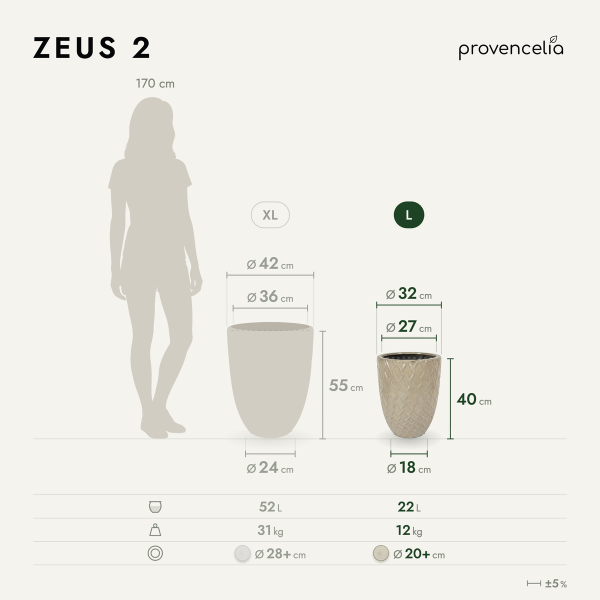 Pot ZEUS 30x44 cm crème en terre cuite émaillée, vue comparative avec dimensions