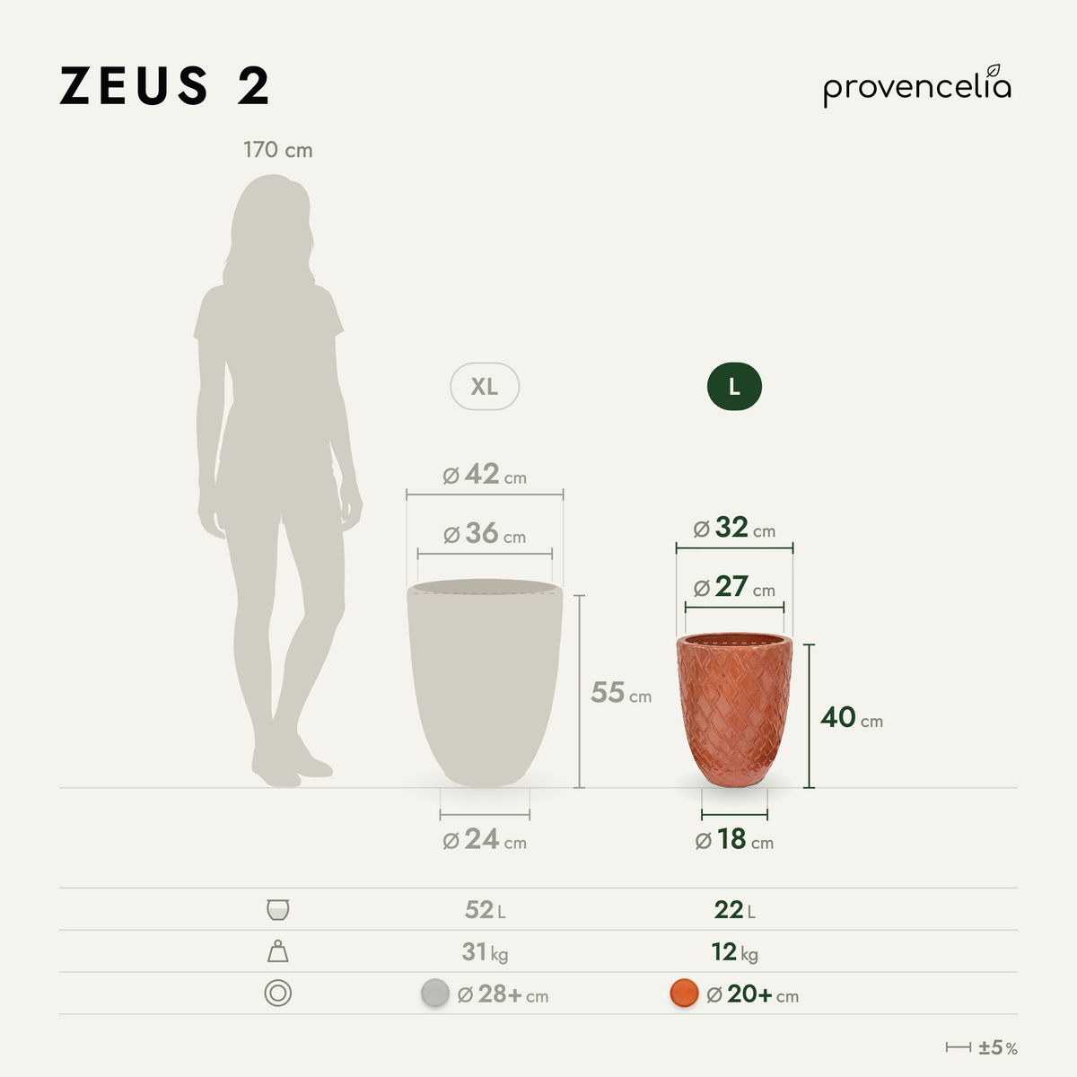 Macetero ZEUS 30x44 cm aurora de cerámica esmaltada, esquema de dimensiones y tamaños