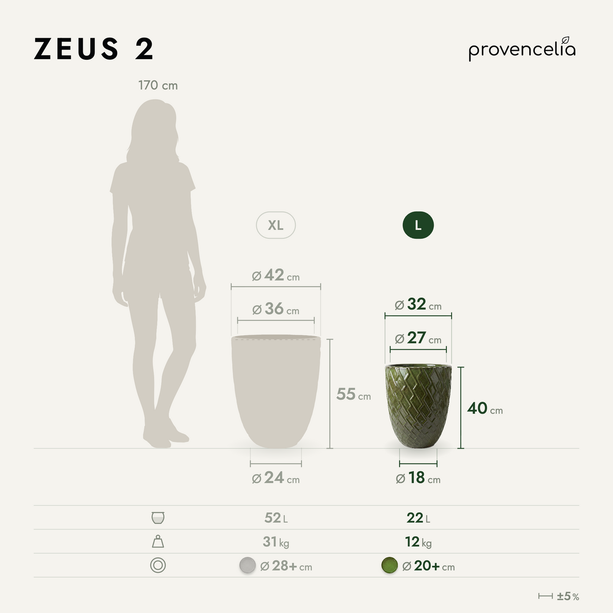 Pot ZEUS 30x44 cm vert profond en terre cuite émaillée, avec schéma de dimensions
