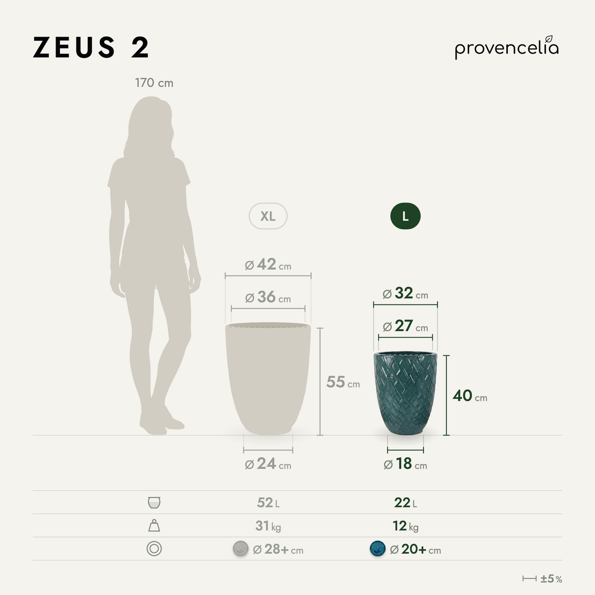 Macetero ZEUS 30x44 cm bruma de jade de cerámica esmaltada, esquema de las dimensiones del macetero