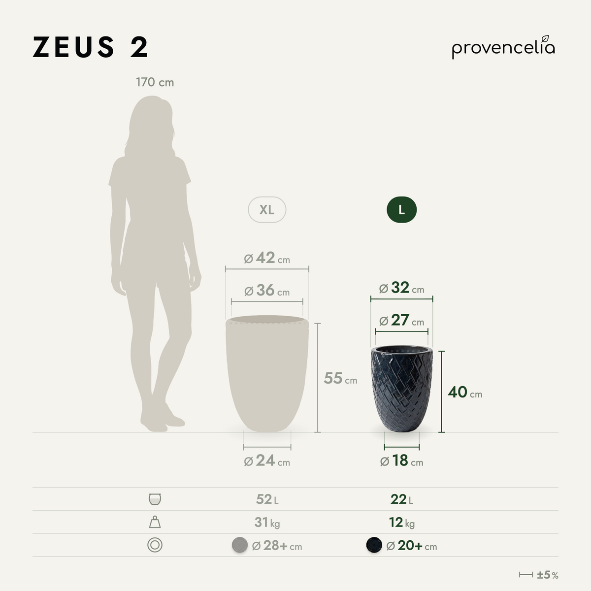 Plantenbak ZEUS 30 × 44 cm Saffier van geglazuurd keramiek, schema van vergeleken afmetingen