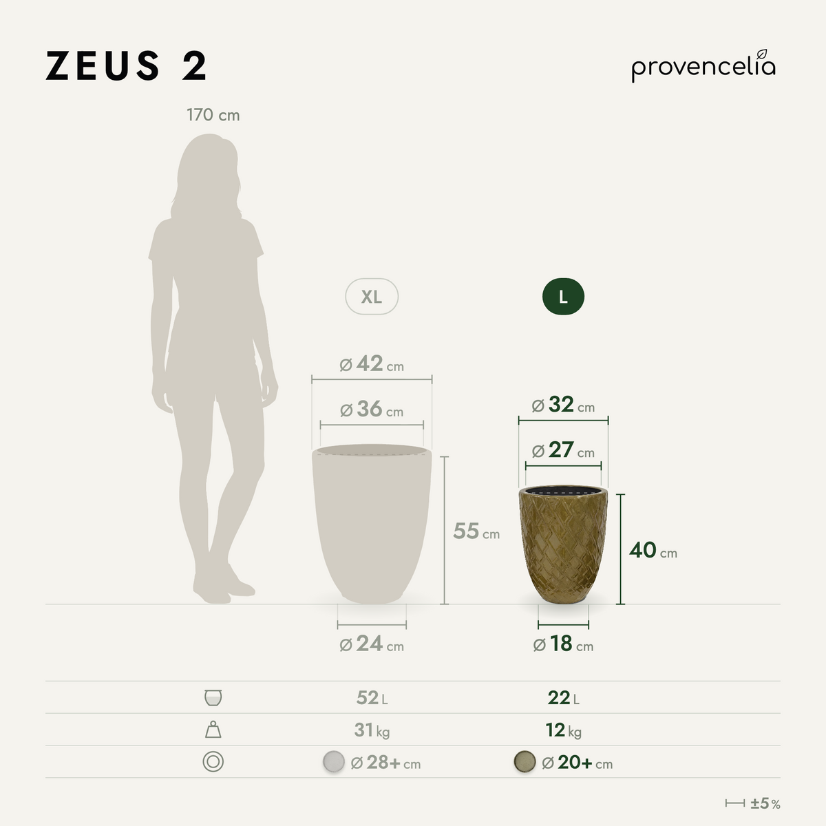 Pot ZEUS 30x44 cm sunset en terre cuite émaillée, schéma comparatif des dimensions