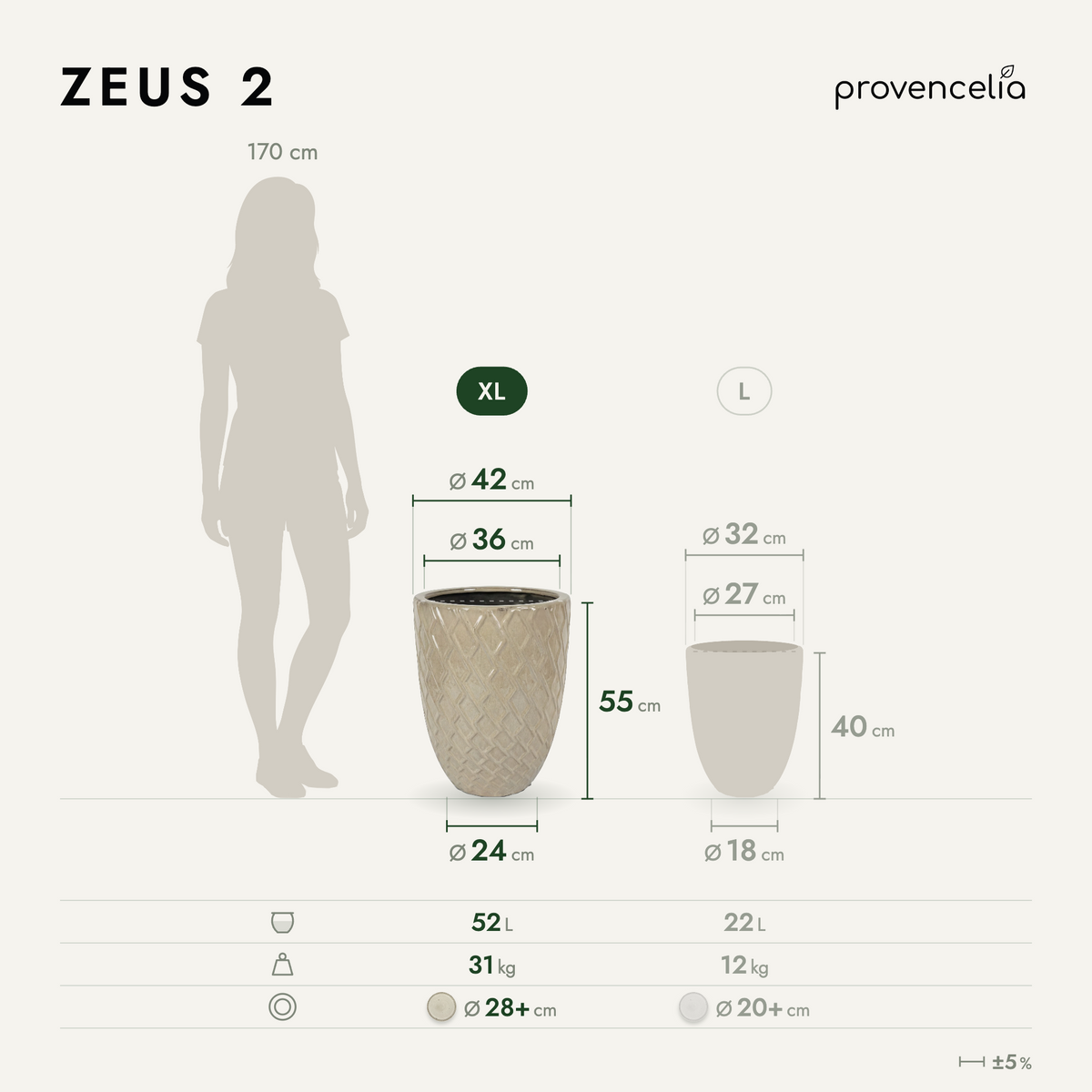 Pot ZEUS 42x54 cm crème en terre cuite émaillée, vue comparative avec dimensions