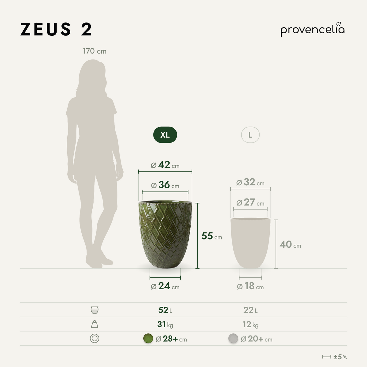 Plantenbak ZEUS 42 × 54 cm Diepgroen van geglazuurd keramiek, vooraanzicht met afmetingen