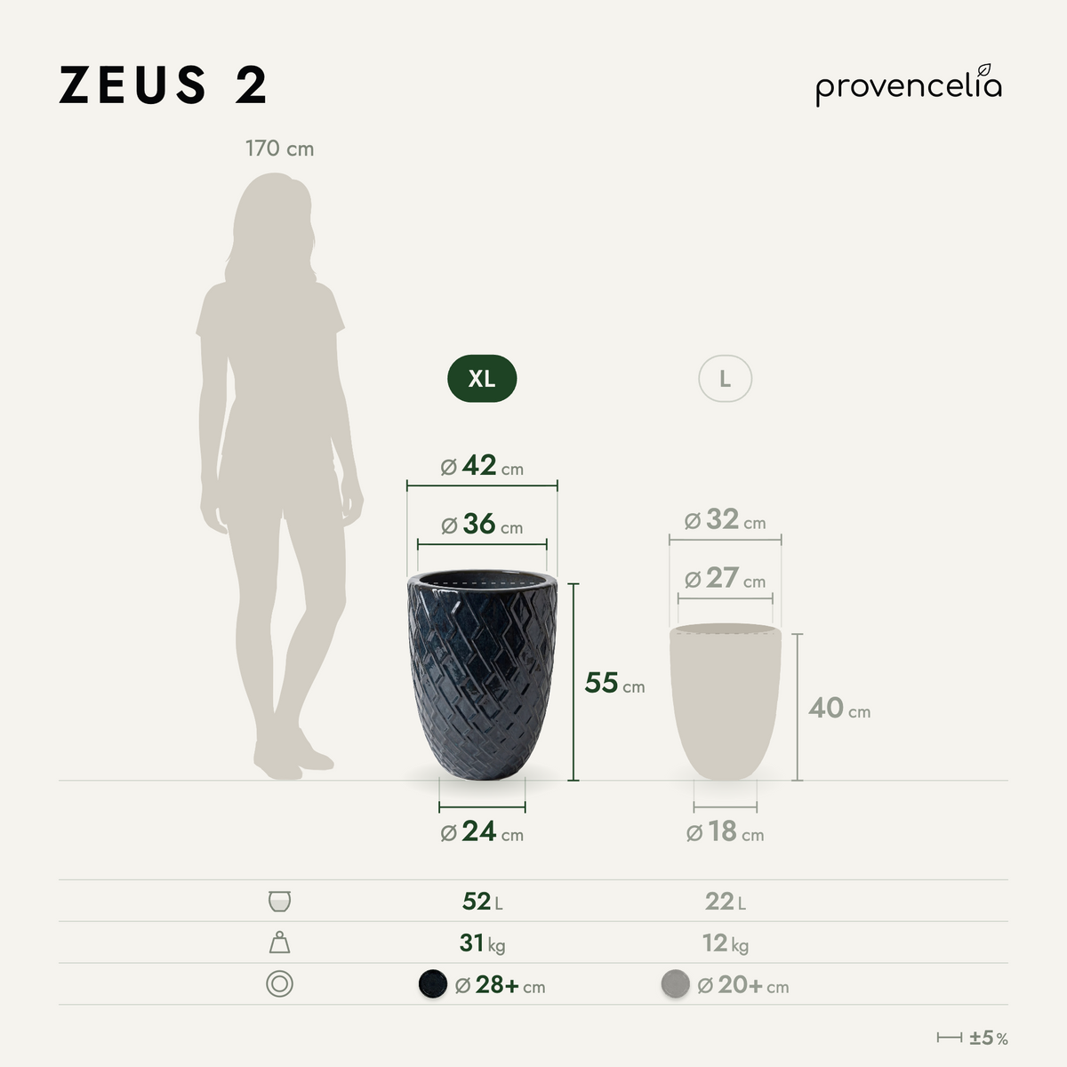 Pot ZEUS 42x54 cm saphir en terre cuite émaillée, schéma des dimensions