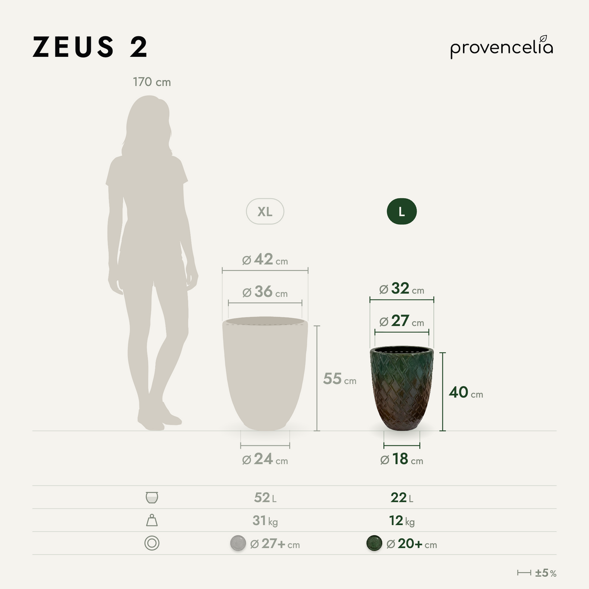 Pot ZEUS décoratif 30x44 cm vert brumeux en terre cuite émaillée, vue avec schéma des dimensions