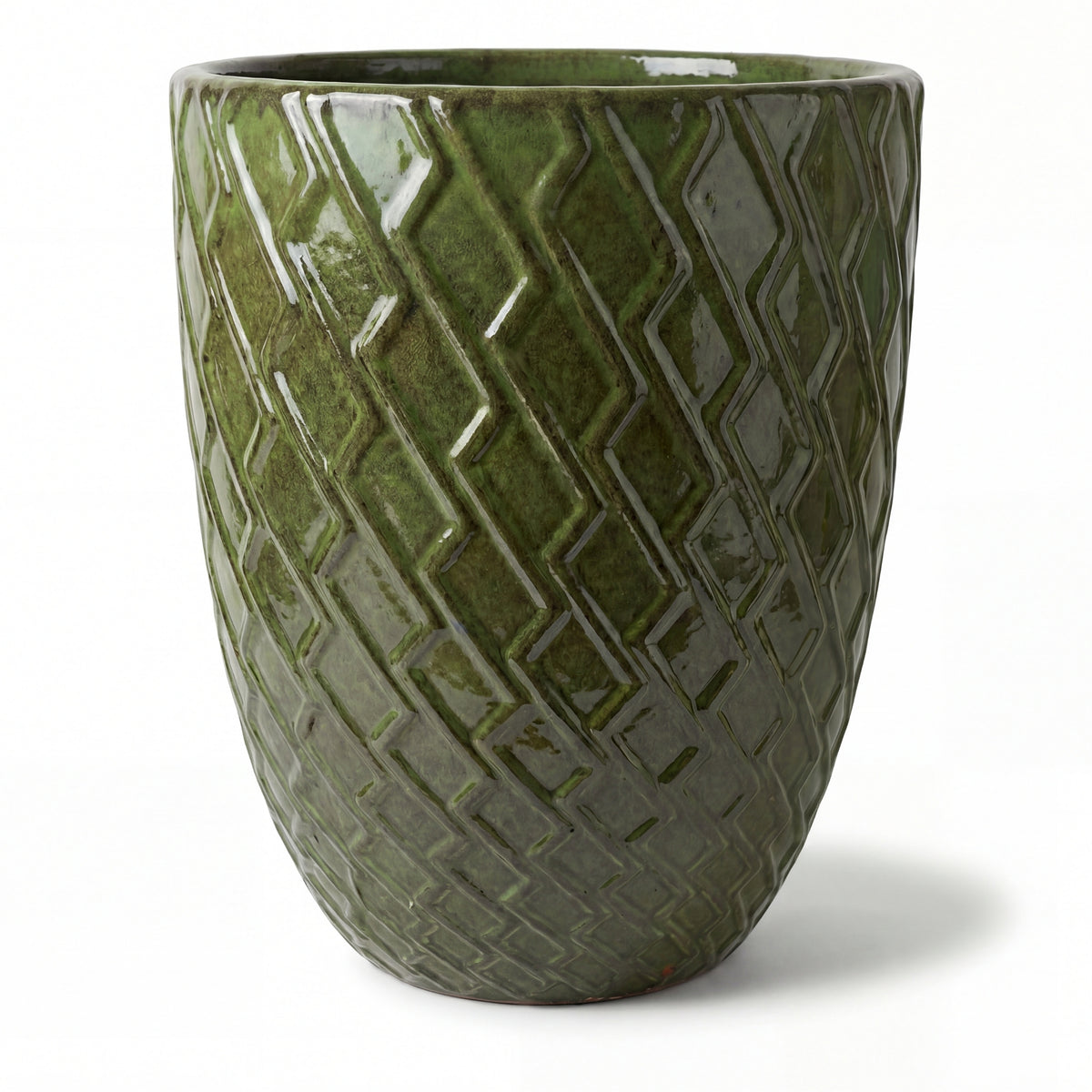 Macetero Zeus 42x54 cm Verde intenso en cerámica esmaltada, vista frontal sobre fondo blanco