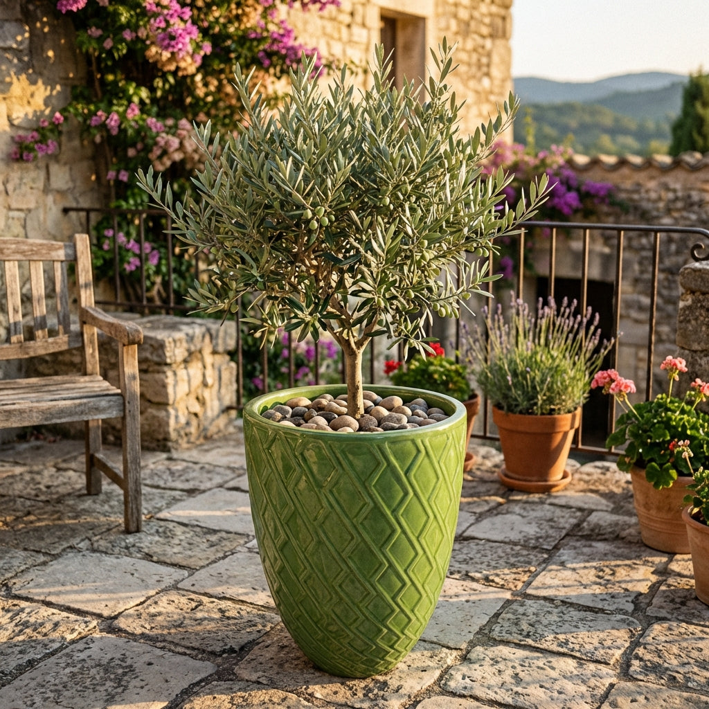 Pot Zeus décoratif vert pomme en terre cuite émaillée, olivier devant maison en pierre