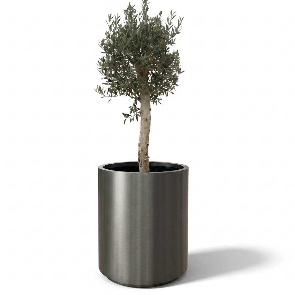 Lot olivier + pot METROPOLE 60x70cm noir, pot de grande taille fait main en acier inoxydable
