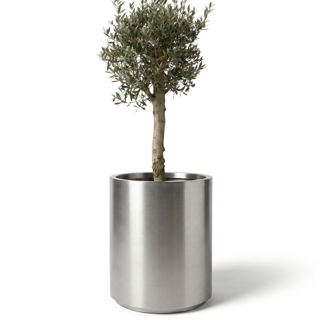 Lot olivier + pot METROPOLE 60x70cm inox brossé, pot de grande taille fait main en acier inoxydable