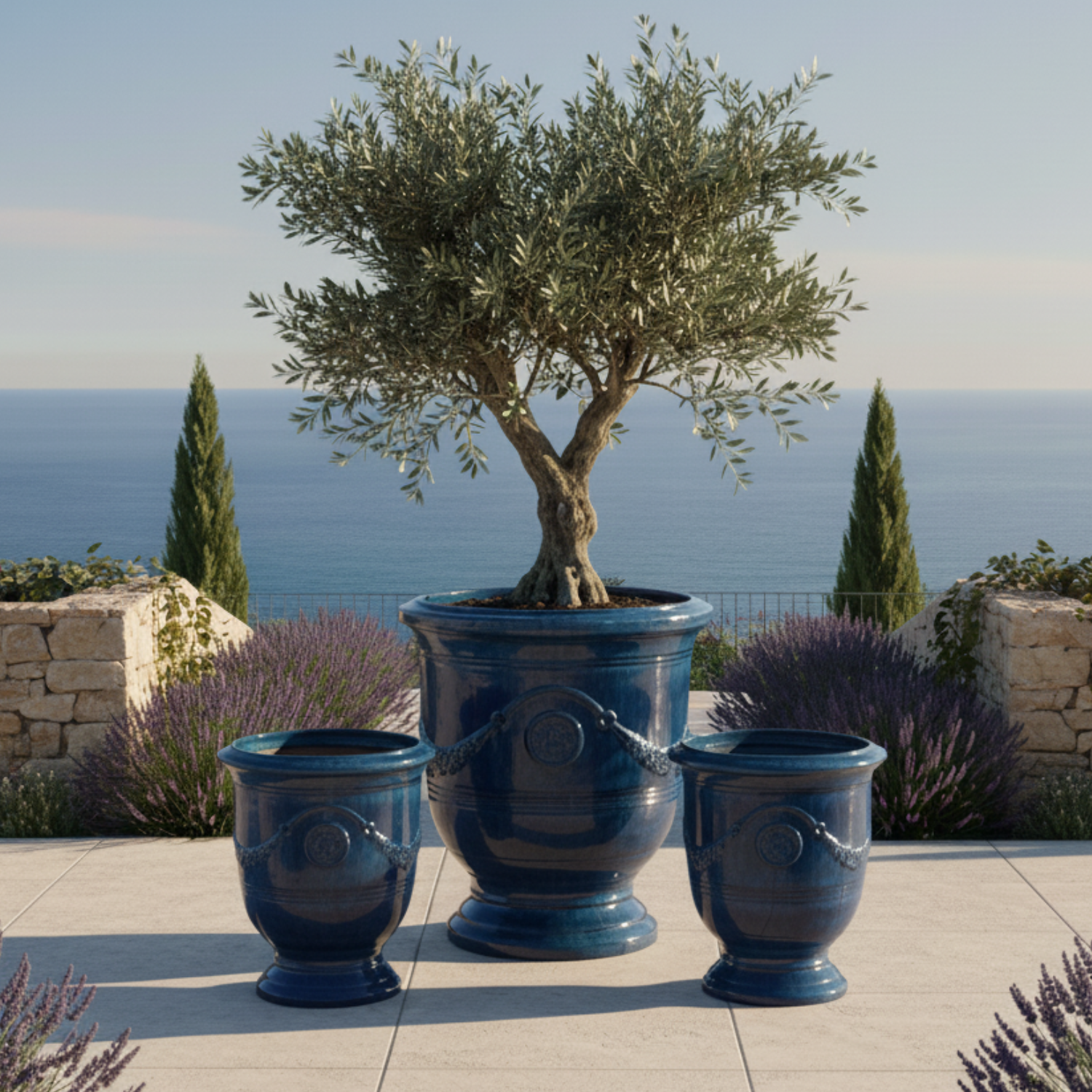 RICHELIEU 58x70cm azure blue, large handmade outdoor pot in glazed terracotta, frost resistant