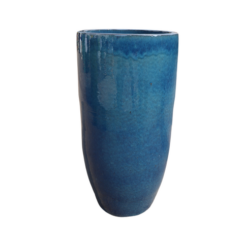 ATHENA 31x70 cm, pot grande taille d'extérieur fait main en terre cuite émaillée, résistant au gel, bleu outremer