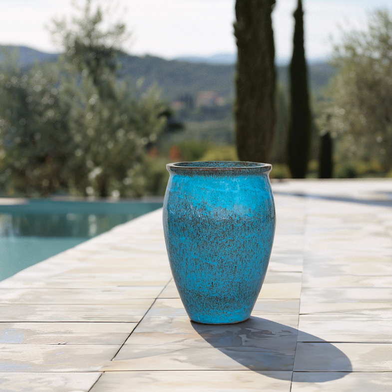 BACCO 36x52 cm, grande vaso da esterno fatto a mano in terracotta smaltata, resistente al gelo, blu acciaio