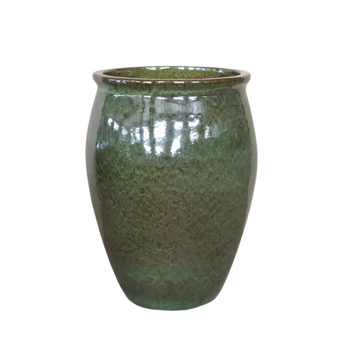 BACCHUS 36x52 cm, maceta grande hecha a mano para exteriores en terracota vidriada, resistente a las heladas, verde tropical