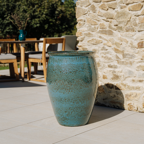 BACCHUS 50x68 cm, pot grande taille d'extérieur fait main en terre cuite émaillée, résistant au gel, bleu acier
