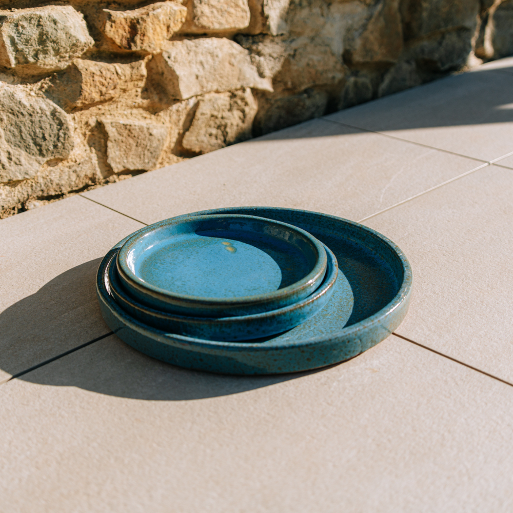 24cm steel blue saucer, handmade in glazed terracotta