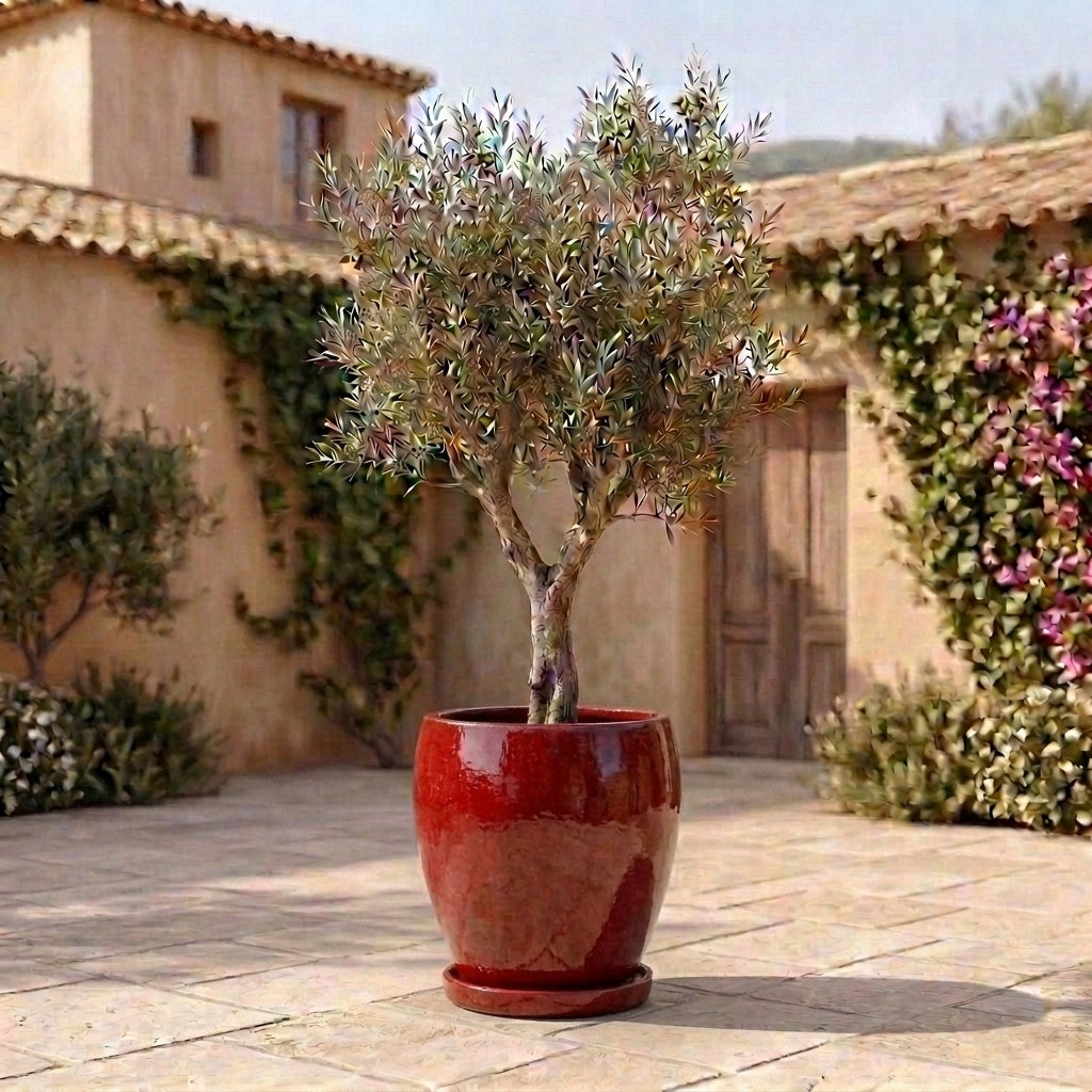 Deep red ceramic planter saucer – frost-resistant